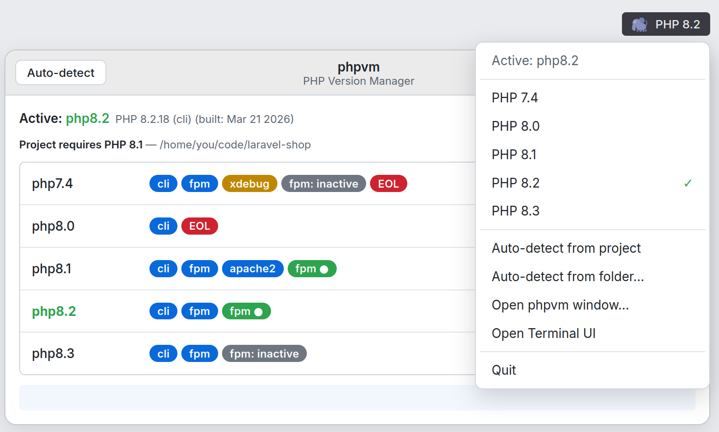 phpvm tray menu showing PHP 8.3 active with checkmark