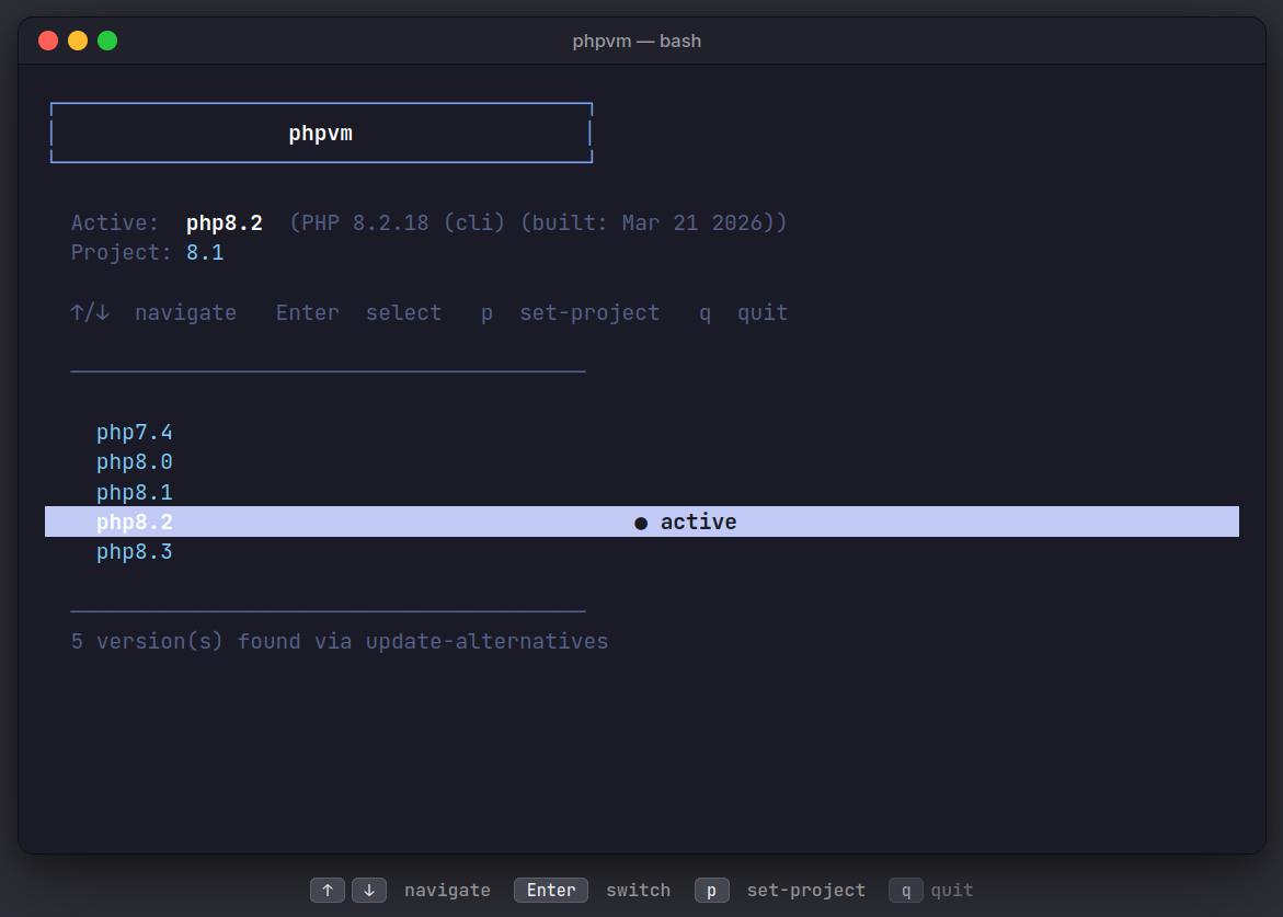 phpvm TUI showing php8.2 selected as the active version